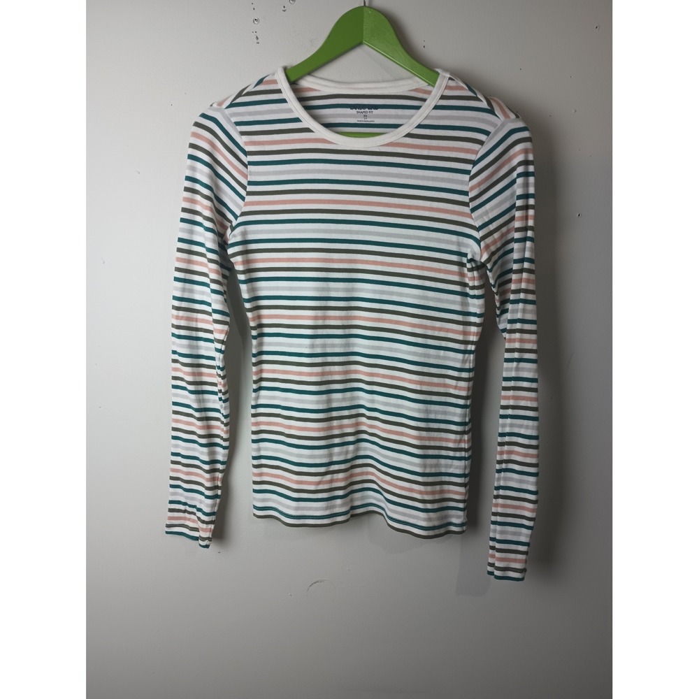 Lands' End Women XS Shaped Fit Striped Long Sleeve Cotton Crew Neck Tee Multi